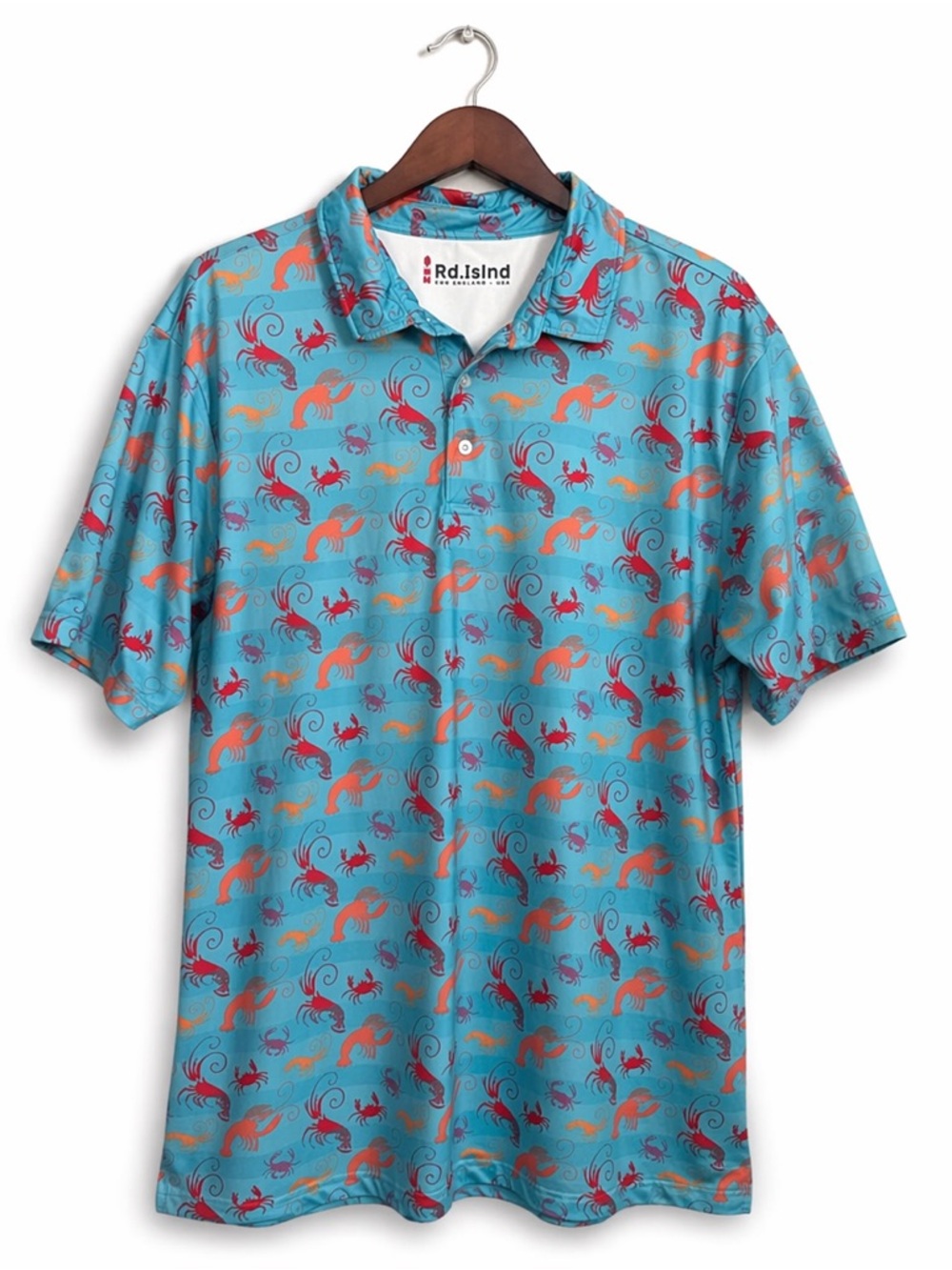 Colorful Blue and Orange Polo Shirt Crabs Lobster Beach| Road Island | XL